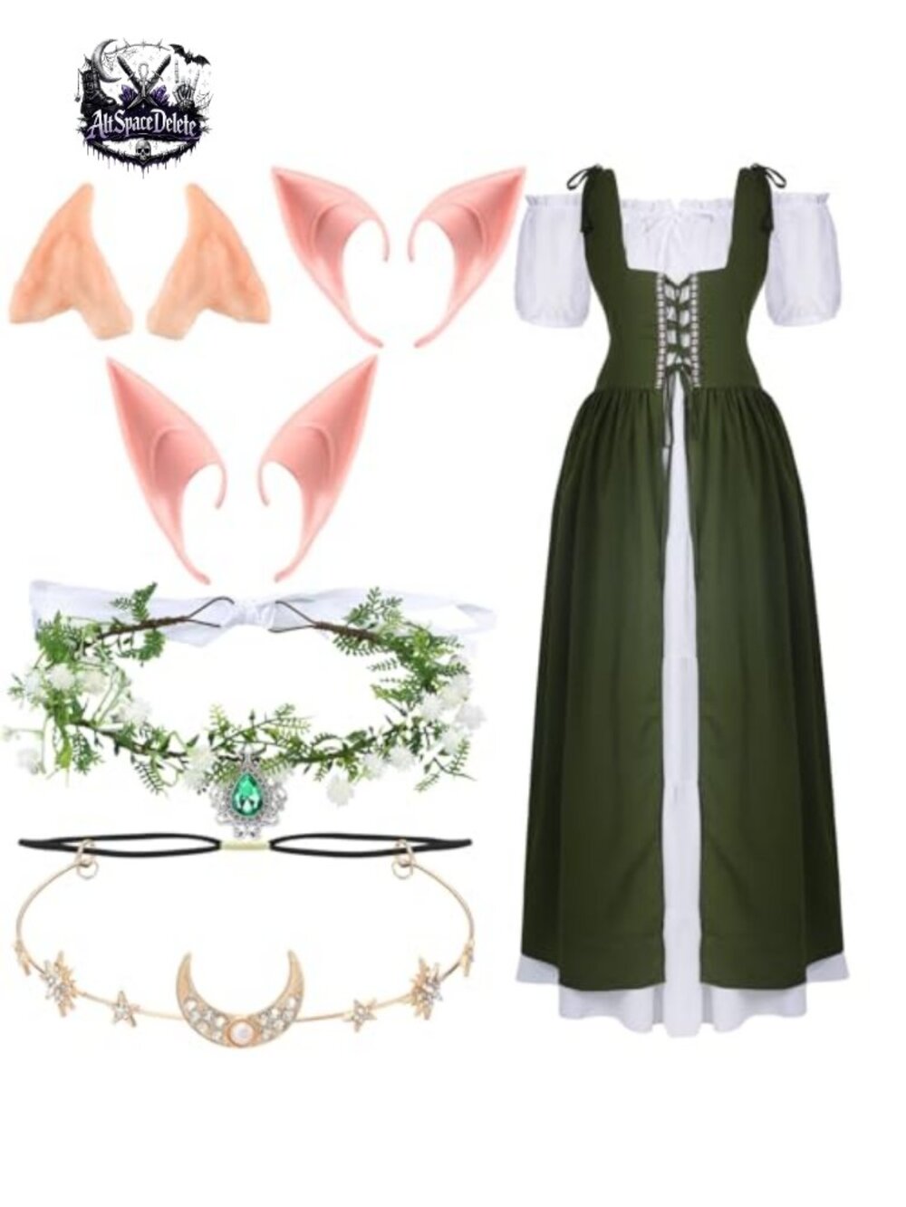 Medieval Renaissance Costume Set 6 Pc Dress Corset Elf Ears Fairy Crown